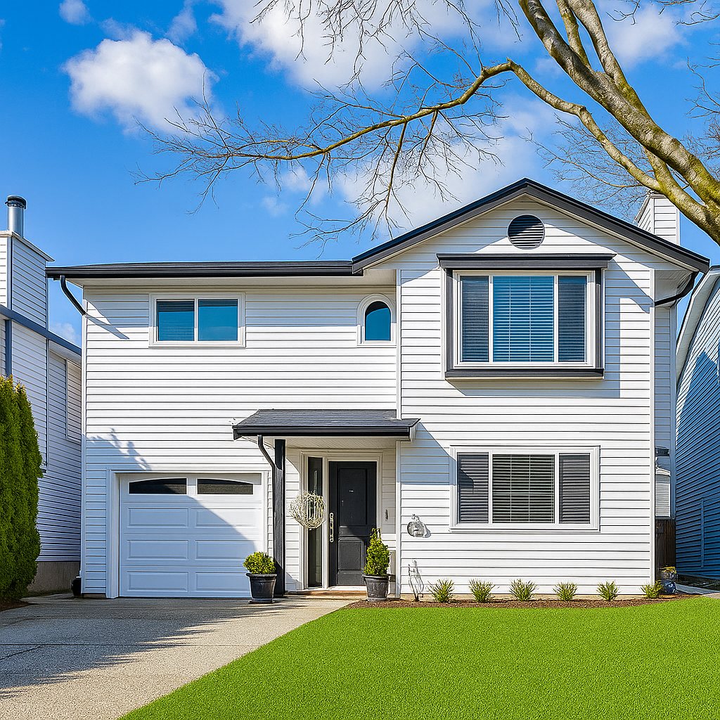 Updated front exterior of the completed Langley Meadows home renovation