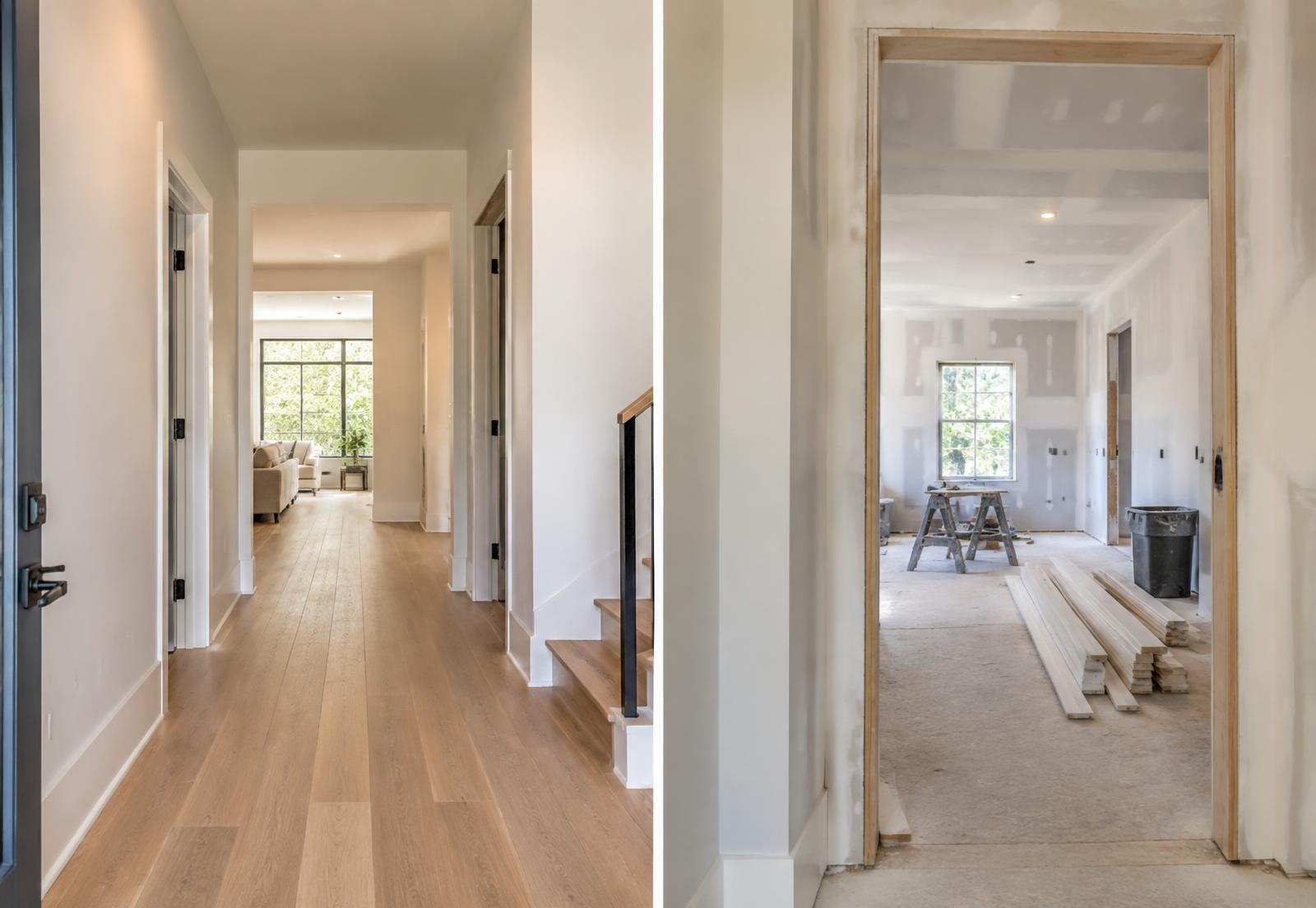 Interior of a house partway through construction, with framing and new flooring